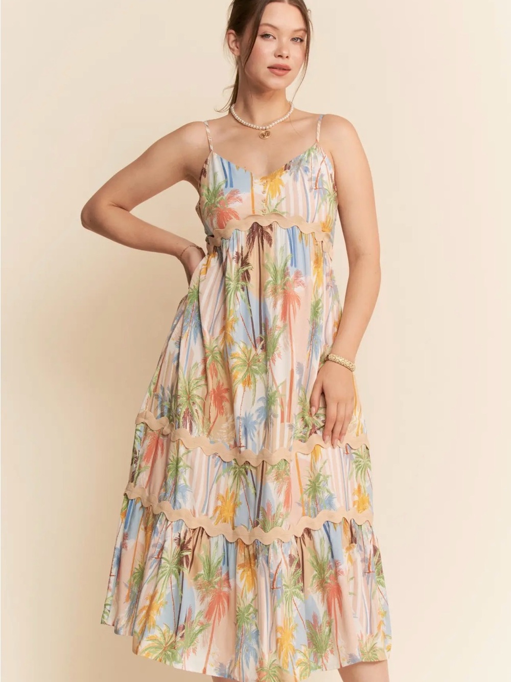 DAVI & DANI Pastel Palm Print Spaghetti Strap Midi Dress